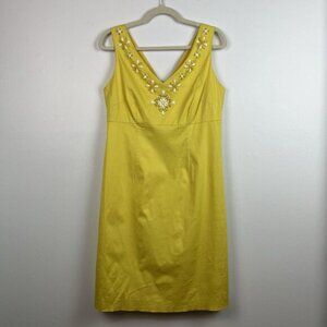 Boden Cocktail Dress Womens 10 Yellow Beaded V-Neck Fit & Flare Empire Waist